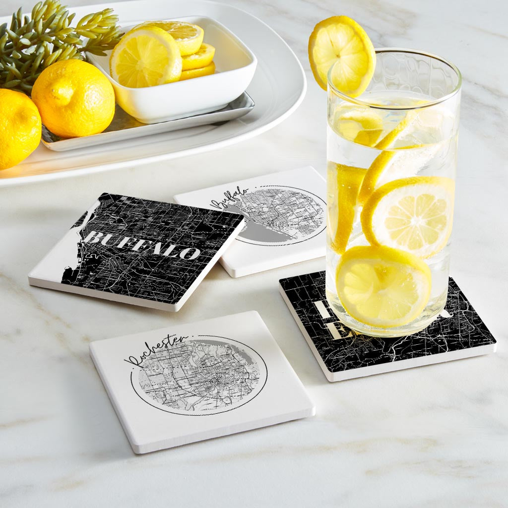 Minimalistic B&W New York Rochester Buffalo Maps | Absorbent Coasters | Set of 4 | Min 2