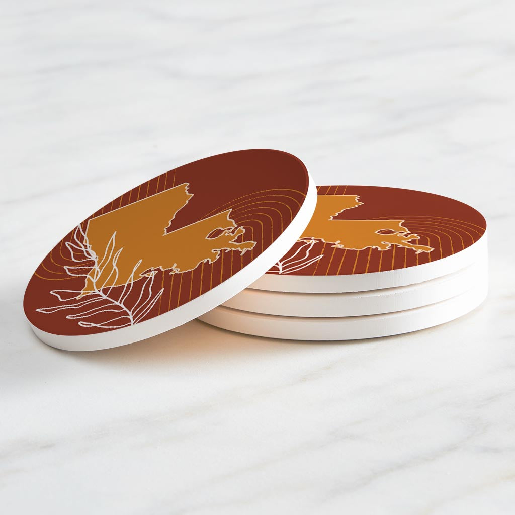 Modern Minimalist Louisiana State Shape With Leaf | Absorbent Coasters | Set of 4 | Min 2