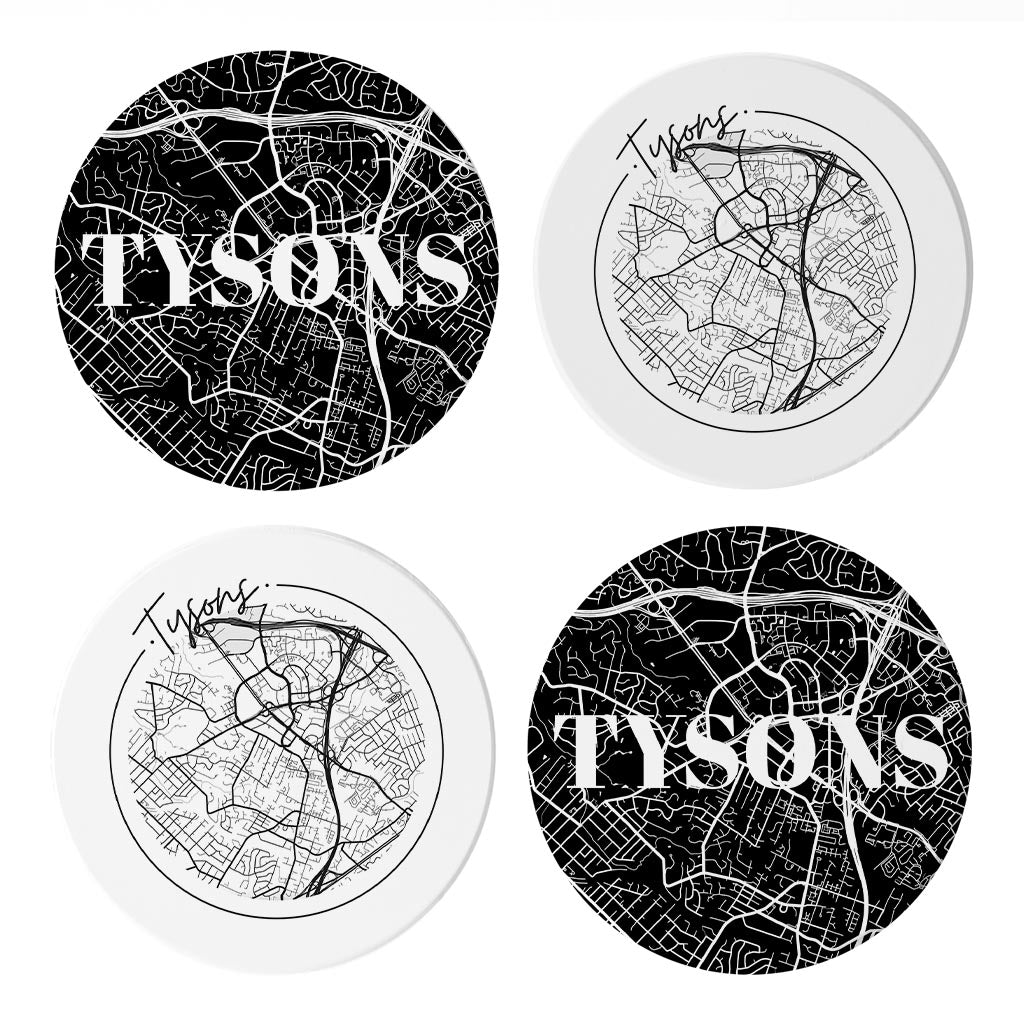 Minimalistic B&W Virginia Tysons Maps | Absorbent Coasters | Set of 4 | Min 2