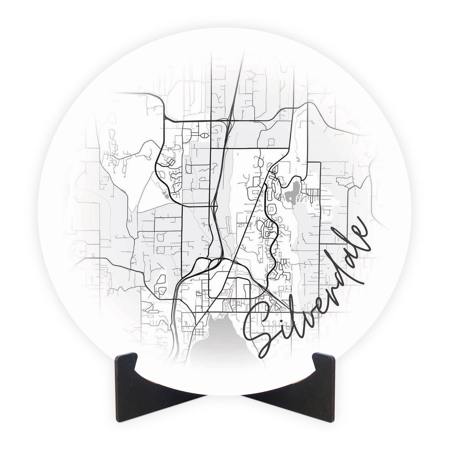 Minimalistic B&W Washington Silverdale Circle Map | Wood Sign | Eaches | Min 1