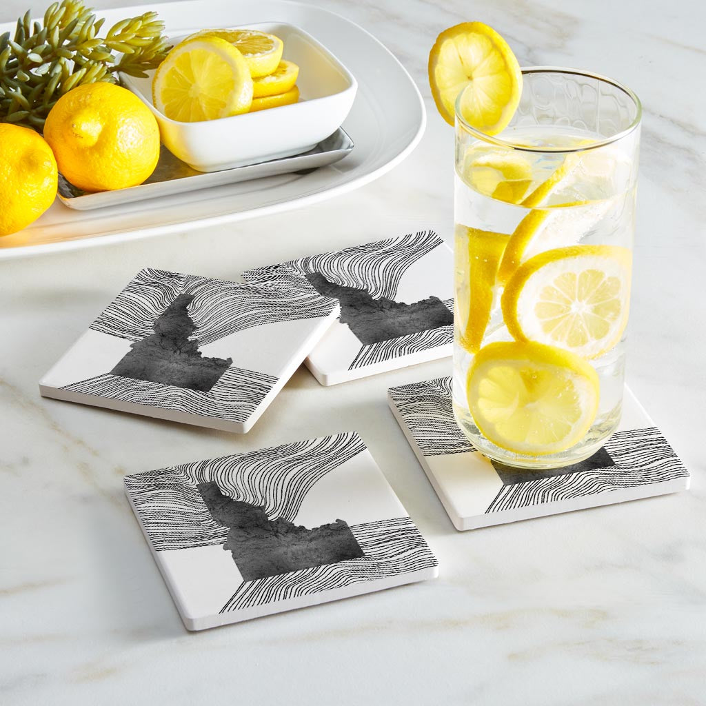 Minimalist B&W Idaho State With Fluid Lines | Absorbent Coasters | Set of 4 | Min 2