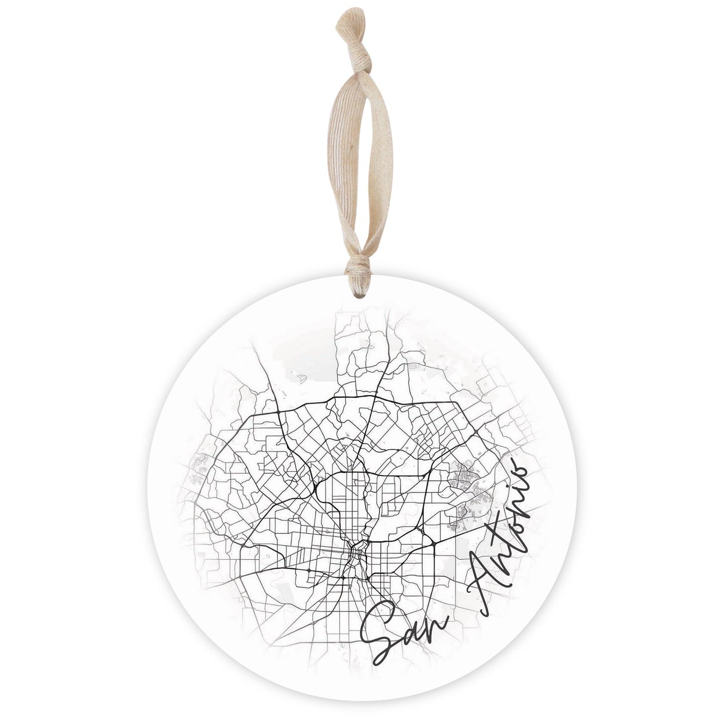 Minimalistic B&W Texas San Antonio Circle Map | Wood Ornament | Eaches | Min 1