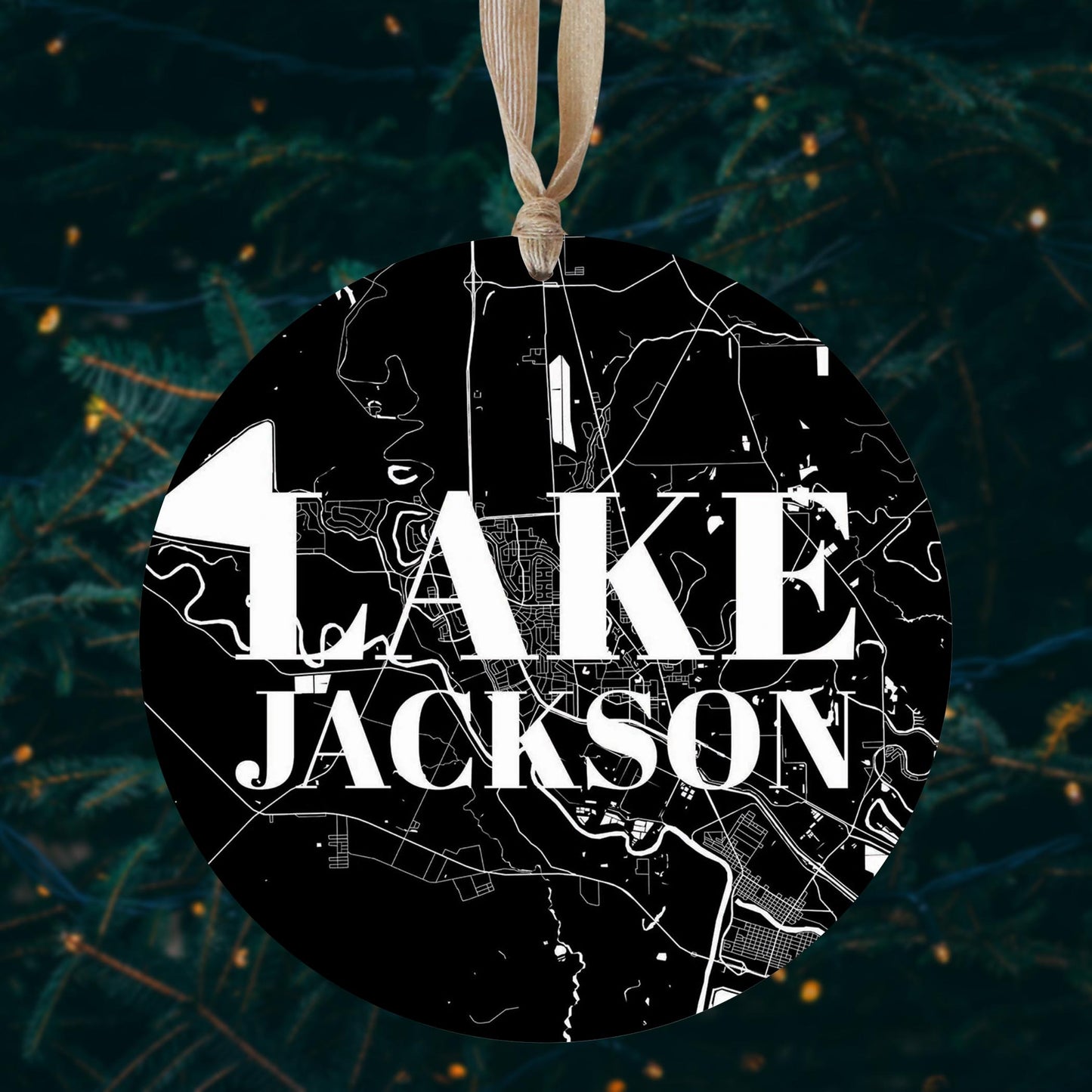 Minimalistic B&W Texas Lake Jackson Map | Wood Ornament | Eaches | Min 1