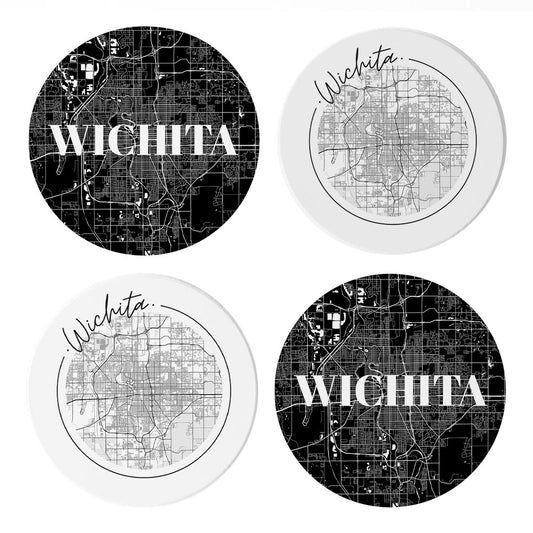 Minimalist B&W Kansas Wichita Maps | Absorbent Coasters | Set of 4 | Min 2