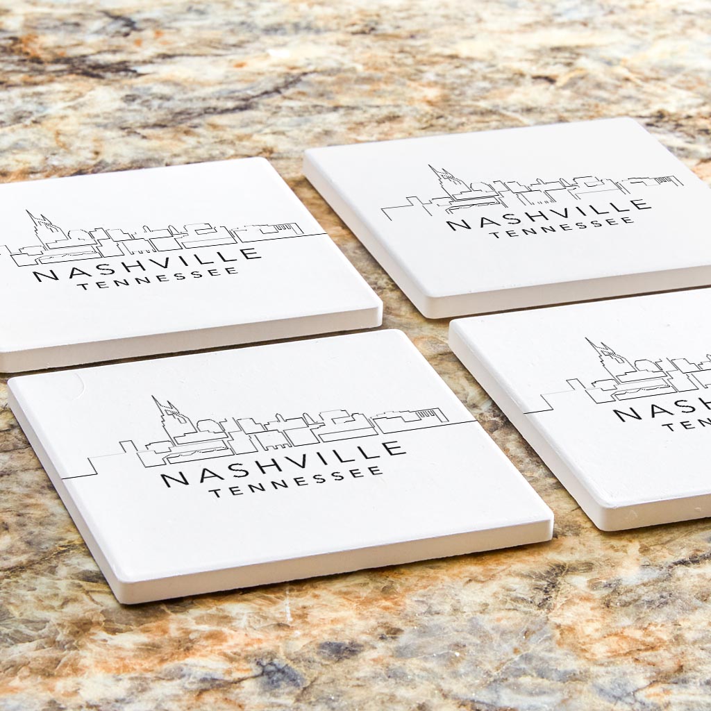 Minimalist B&W Tennessee Nashville Skyline | Absorbent Coasters | Set of 4 | Min 2