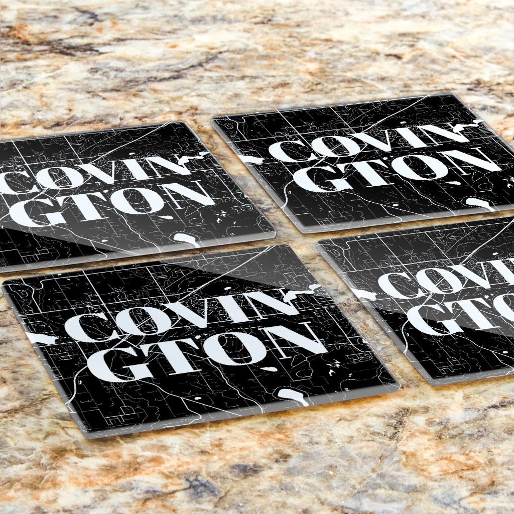 Minimalistic B&W Washington Covington Map | Hi-Def Glass Coasters | Set of 4 | Min 2