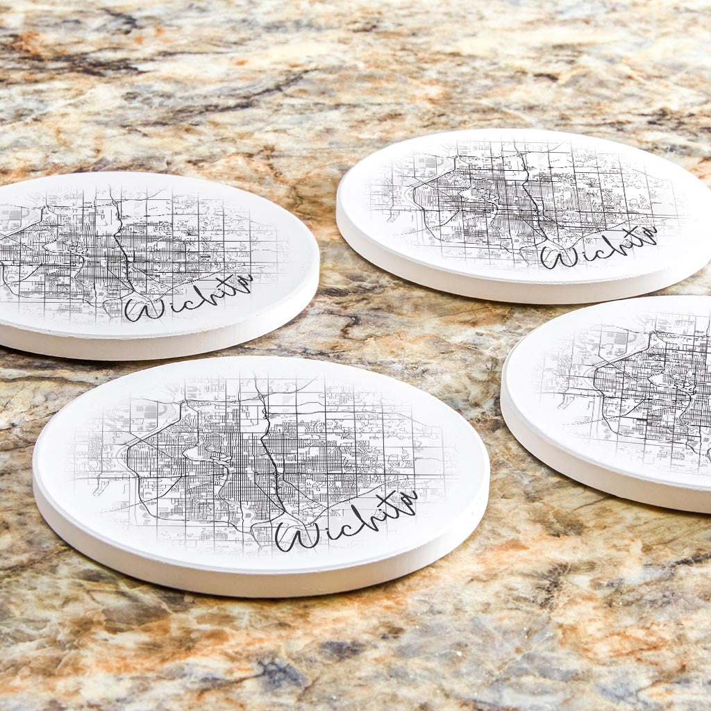 Minimalistic B&W Kansas Wichita Circle Map | Absorbent Coasters | Set of 4 | Min 2