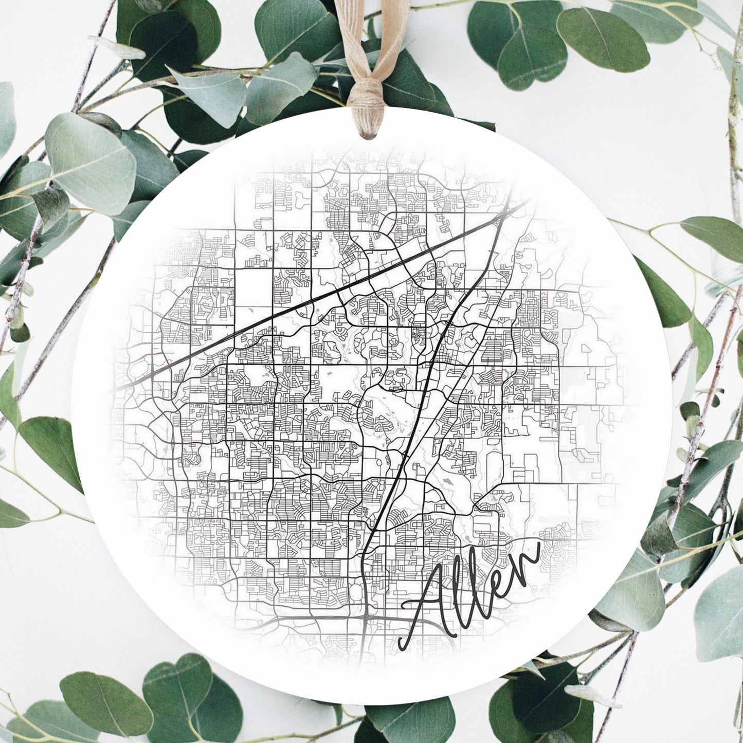 Minimalistic B&W Texas Allen Circle Map | Wood Ornament | Eaches | Min 1