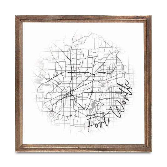 Minimalistic B&W Texas Fort Worth Circle Map | Wood Sign | Eaches | Min 1