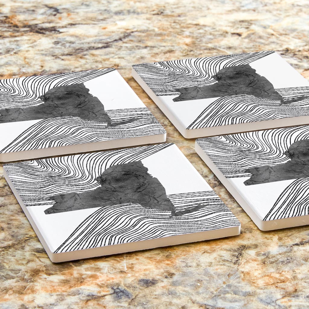 Minimalistic B&W New York State With Fluid Lines | Absorbent Coasters | Set of 4 | Min 2