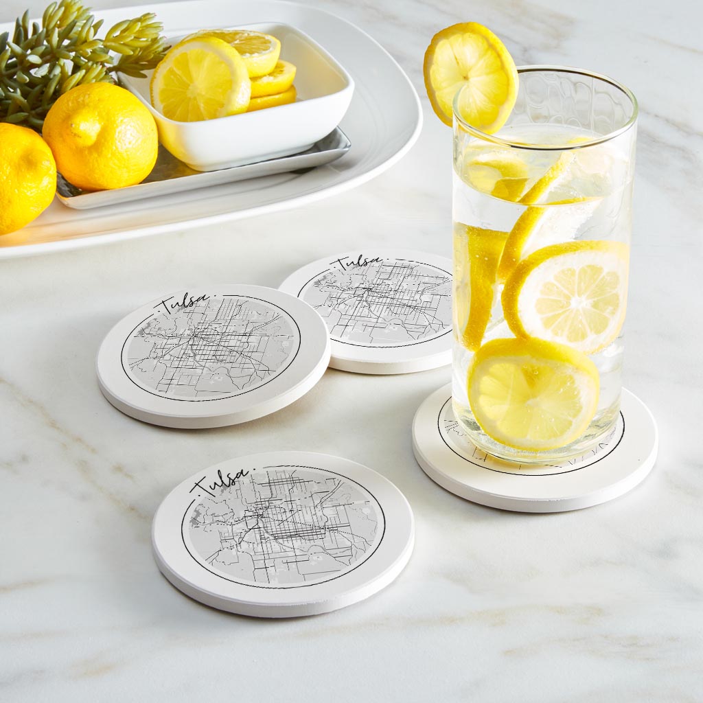 Modern Oklahoma Tulsa Circle Map | Absorbent Coasters | Set of 4 | Min 2