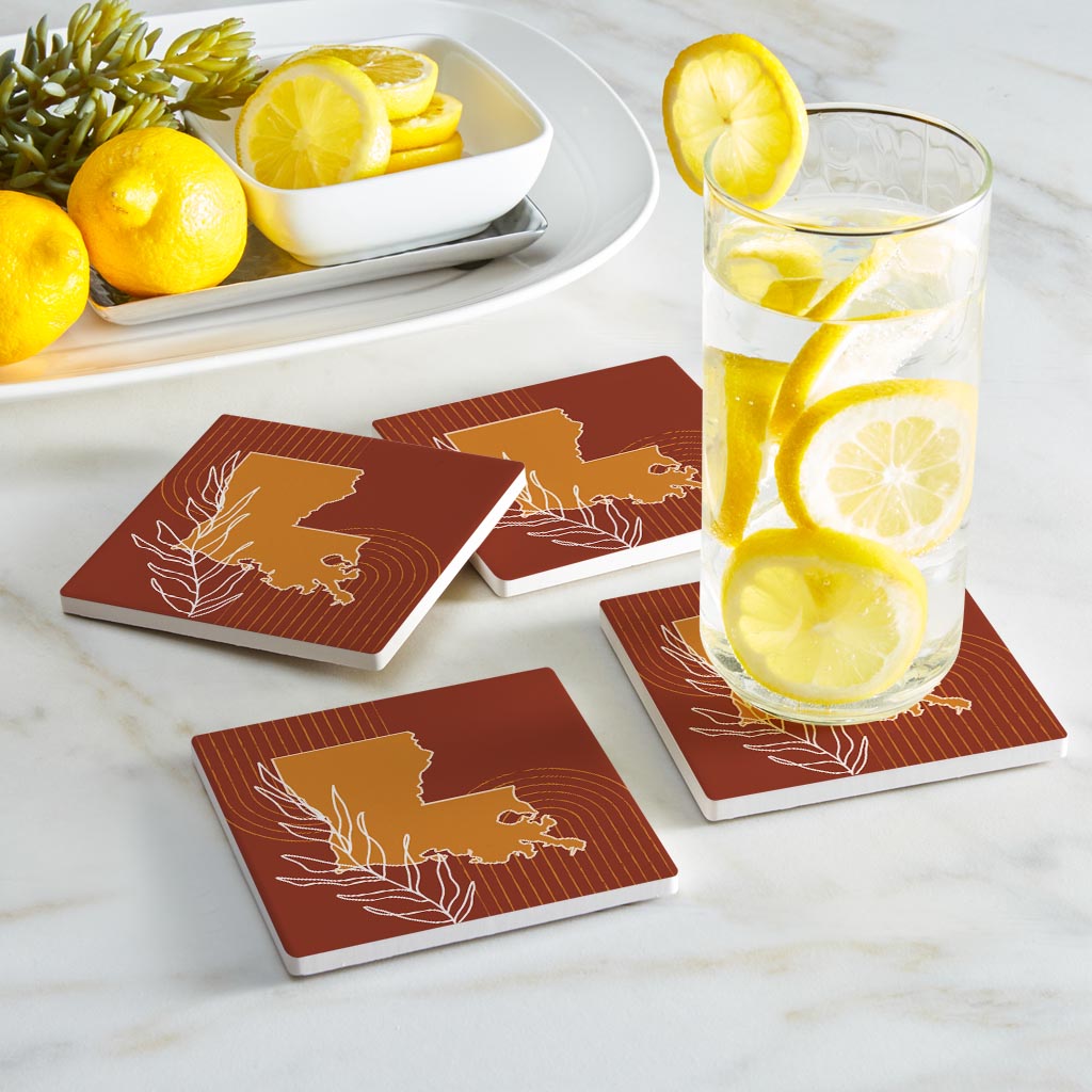 Modern Minimalist Louisiana State Shape With Leaf | Absorbent Coasters | Set of 4 | Min 2