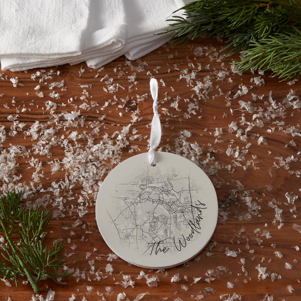 Minimalistic B&W Texas The Woodlands Circle Map | Wood Ornament | Eaches | Min 6