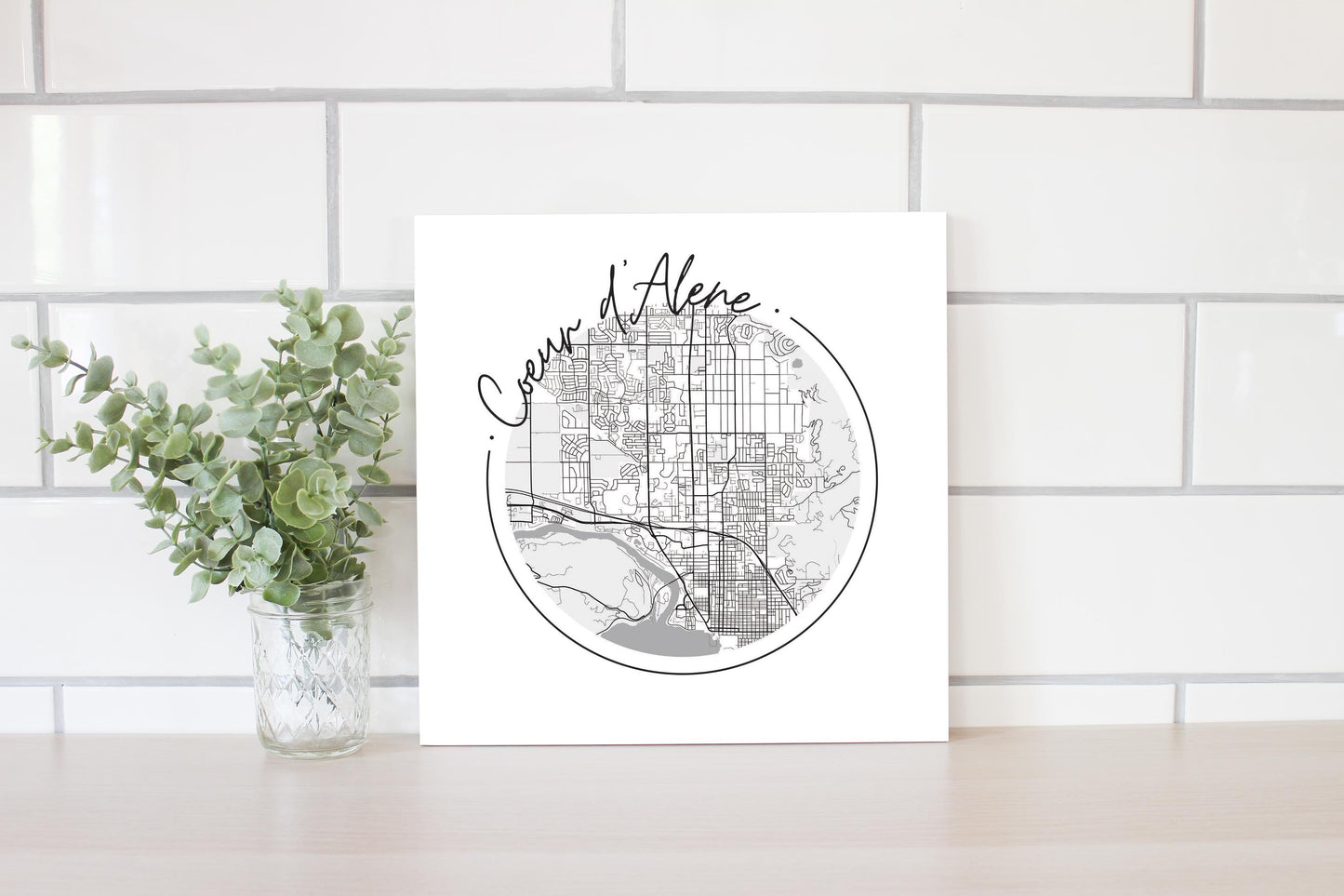 Minimalist B&W Idaho Coeur Dalene Circle Map | Wood Sign | Eaches | Min 2