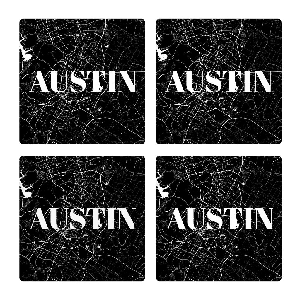 Minimalistic B&W Texas Austin Map | Absorbent Coasters | Set of 4 | Min 2