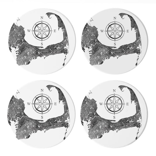 Minimalistic B&W Cape Cod Map With Compass | Absorbent Coasters | Set of 4 | Min 2