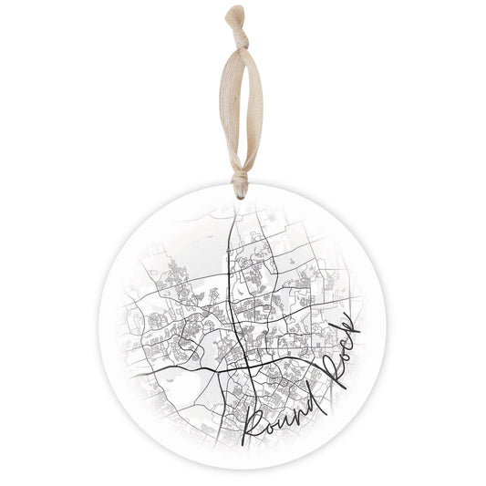 Minimalistic B&W Texas Round Rock Circle Map | Wood Ornament | Eaches | Min 1