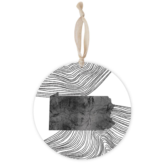 Minimalistic B&W Pennsylvania Shape Fluid Lines | Wood Ornament | Eaches | Min 1