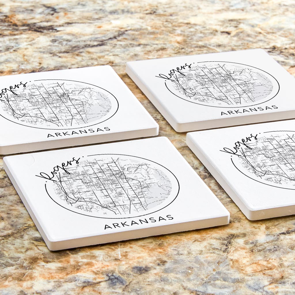 Minimalist B&W Arkansas Rogers Circle Map State | Absorbent Coasters | Set of 4 | Min 2