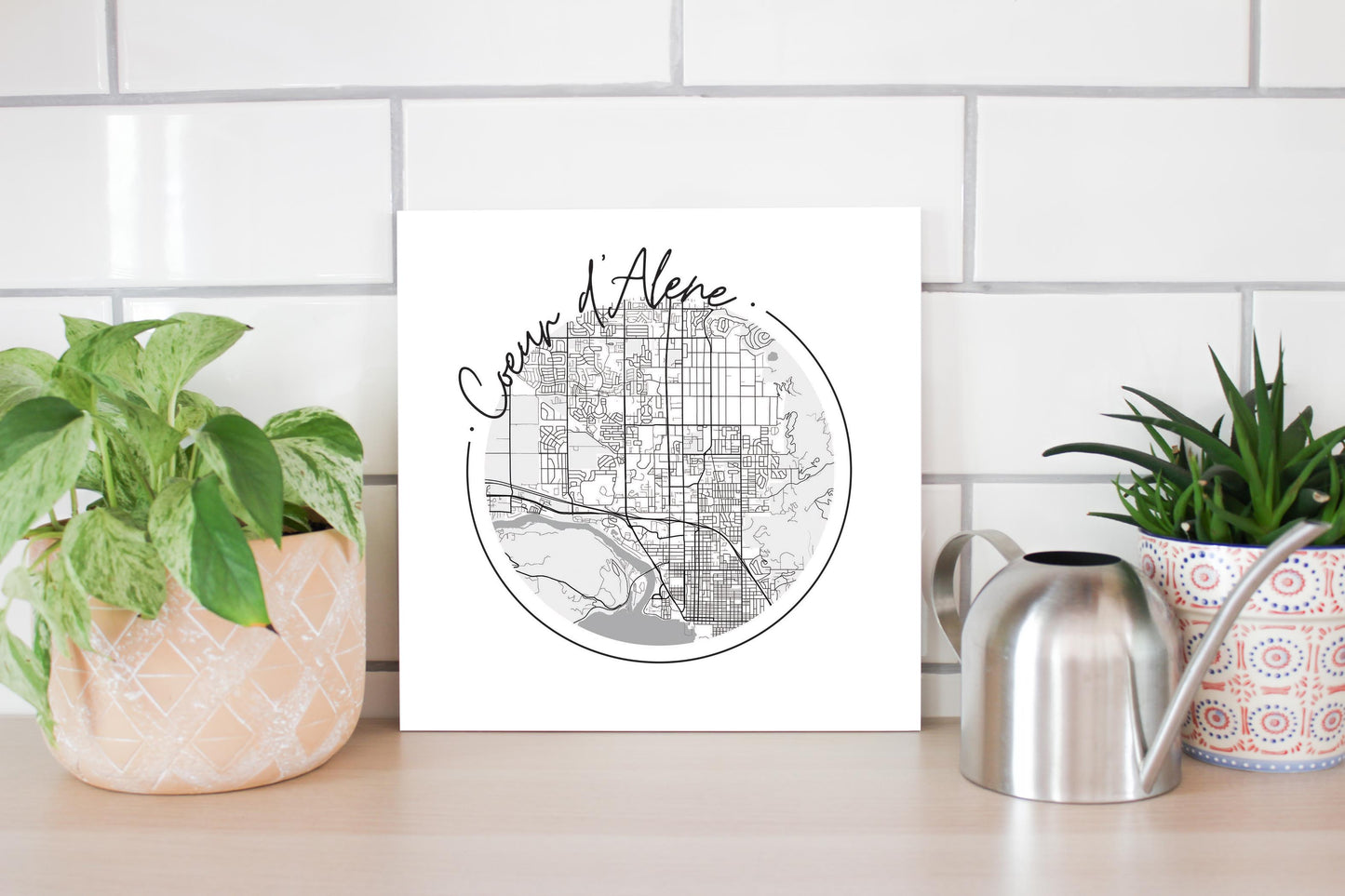 Minimalist B&W Idaho Coeur Dalene Circle Map | Wood Sign | Eaches | Min 2