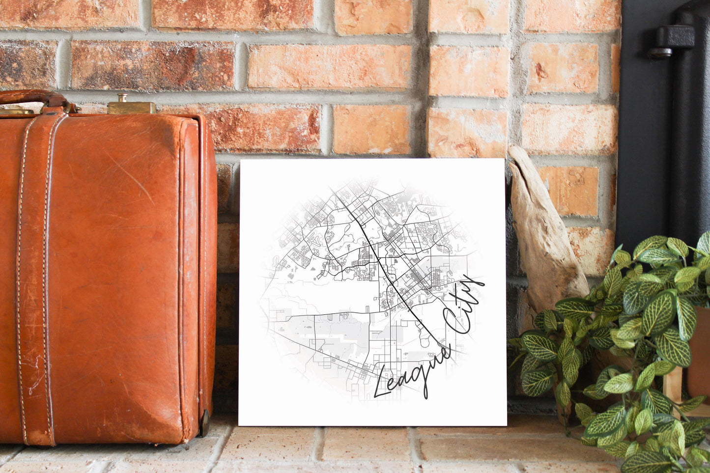 Minimalistic B&W Texas League City Circle Map | Wood Sign | Eaches | Min 2