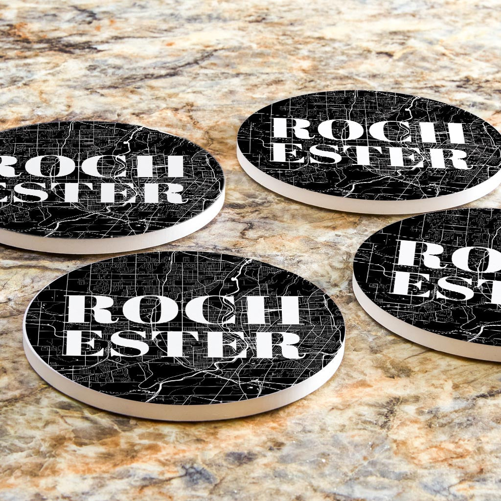 Minimalistic B&W New York Rochester Map | Absorbent Coasters | Set of 4 | Min 2