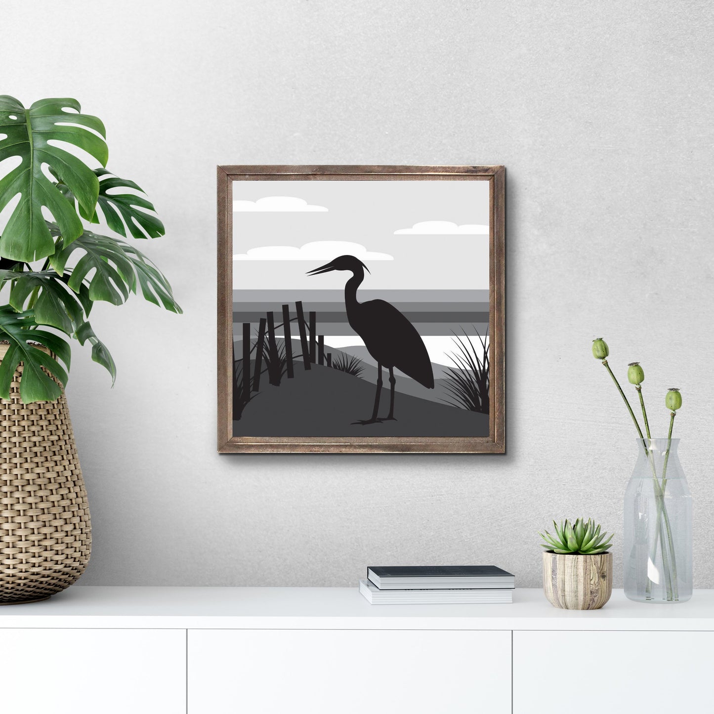 Minimalistic B&W Cape Cod Heron Illustration | Wood Sign | Eaches | Min 1