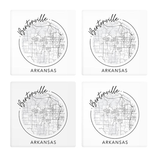 Minimalist B&W Arkansas Bentonville Circle Map State | Absorbent Coasters | Set of 4 | Min 2