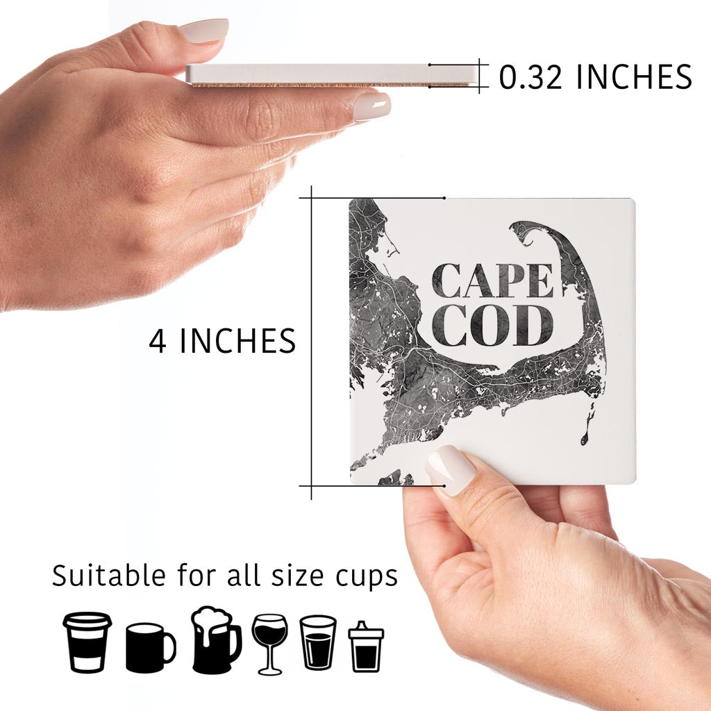 Minimalistic B&W Cape Cod Map | Absorbent Coasters | Set of 4 | Min 2