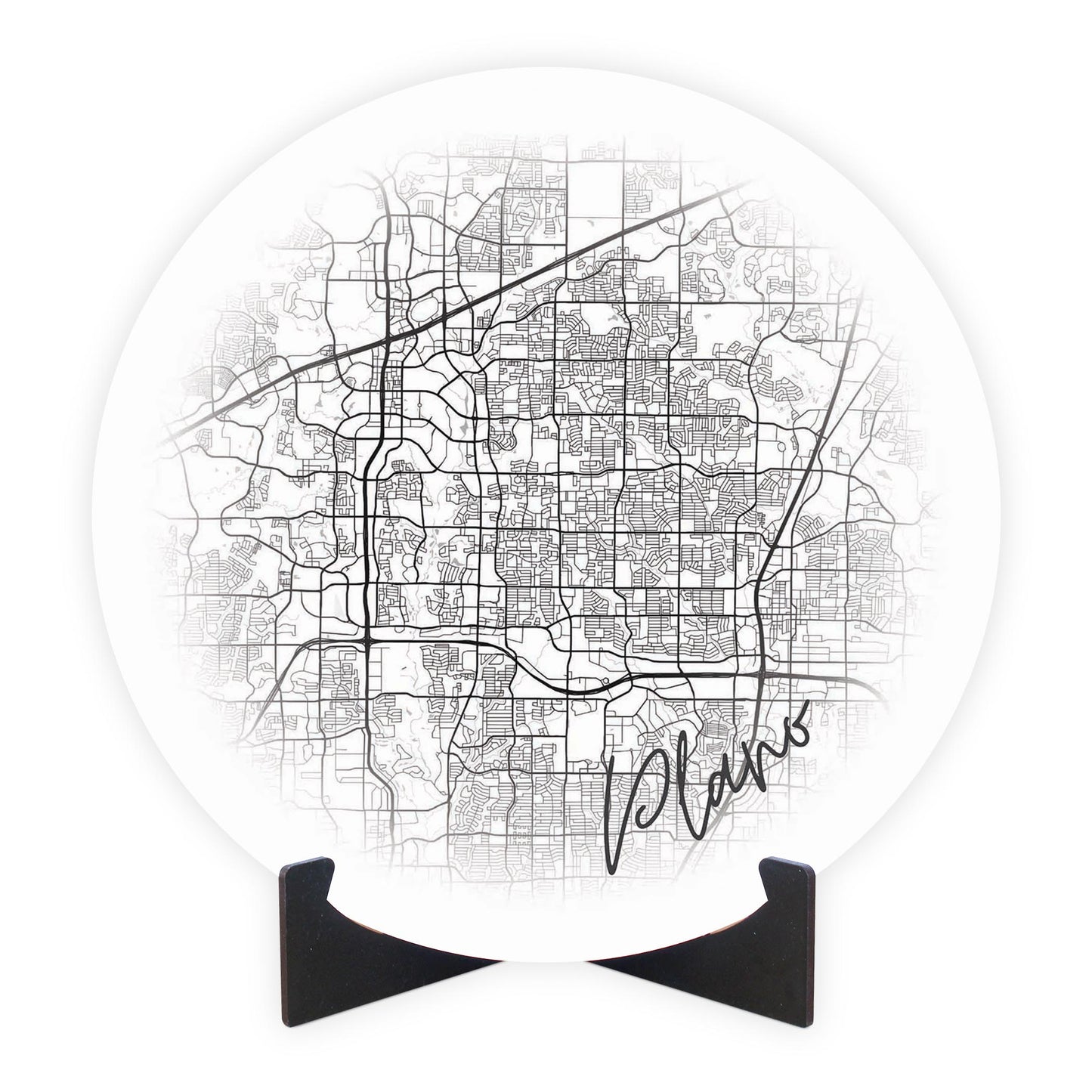 Minimalistic B&W Texas Plano Circle Map | Wood Sign | Eaches | Min 1