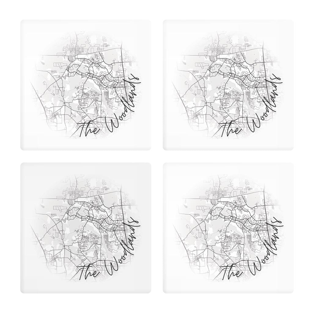 Minimalistic B&W Texas The Woodlands Circle Map | Absorbent Coasters | Set of 4 | Min 2