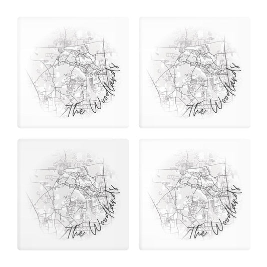 Minimalistic B&W Texas The Woodlands Circle Map | Absorbent Coasters | Set of 4 | Min 2