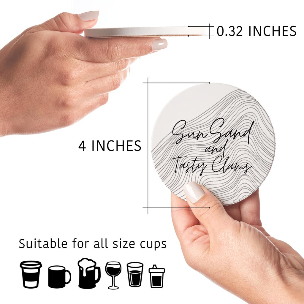 Minimalistic B&W Cape Cod Sun Sand Tasty Clams| Absorbent Coasters | Set of 4 | Min 2