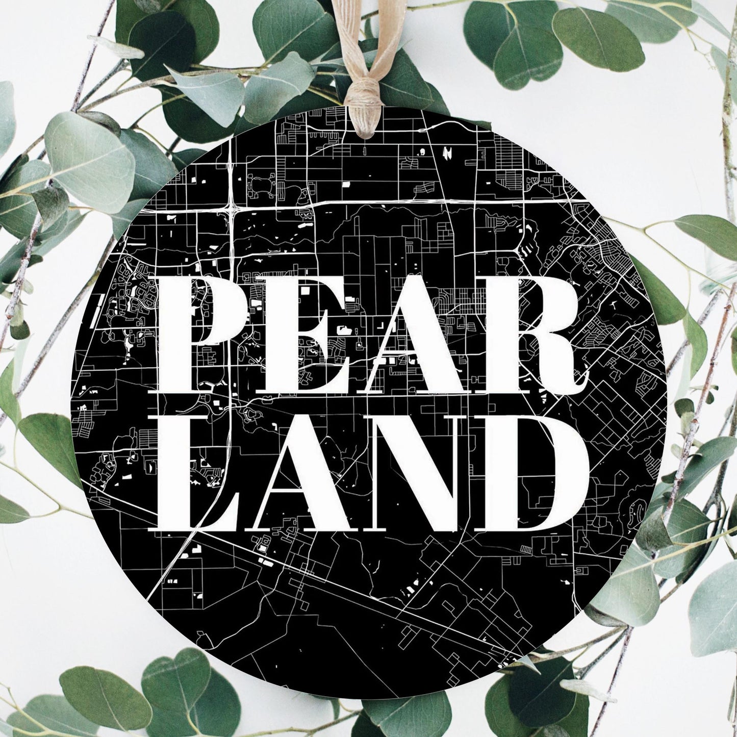 Minimalistic B&W Texas Pearland City Map | Wood Ornament | Eaches | Min 1