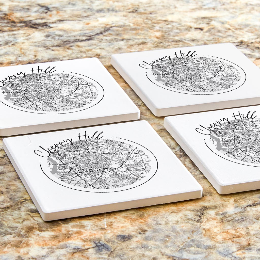 Minimalistic B&W New Jersey Cherry Hill Circle Map | Absorbent Coasters | Set of 4 | Min 2