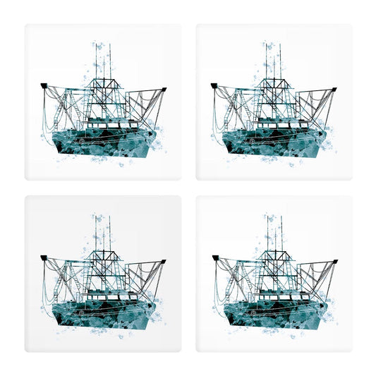 Blue White Water Color Shrimp Boat| Absorbent Coasters | Set of 4 | Min 2