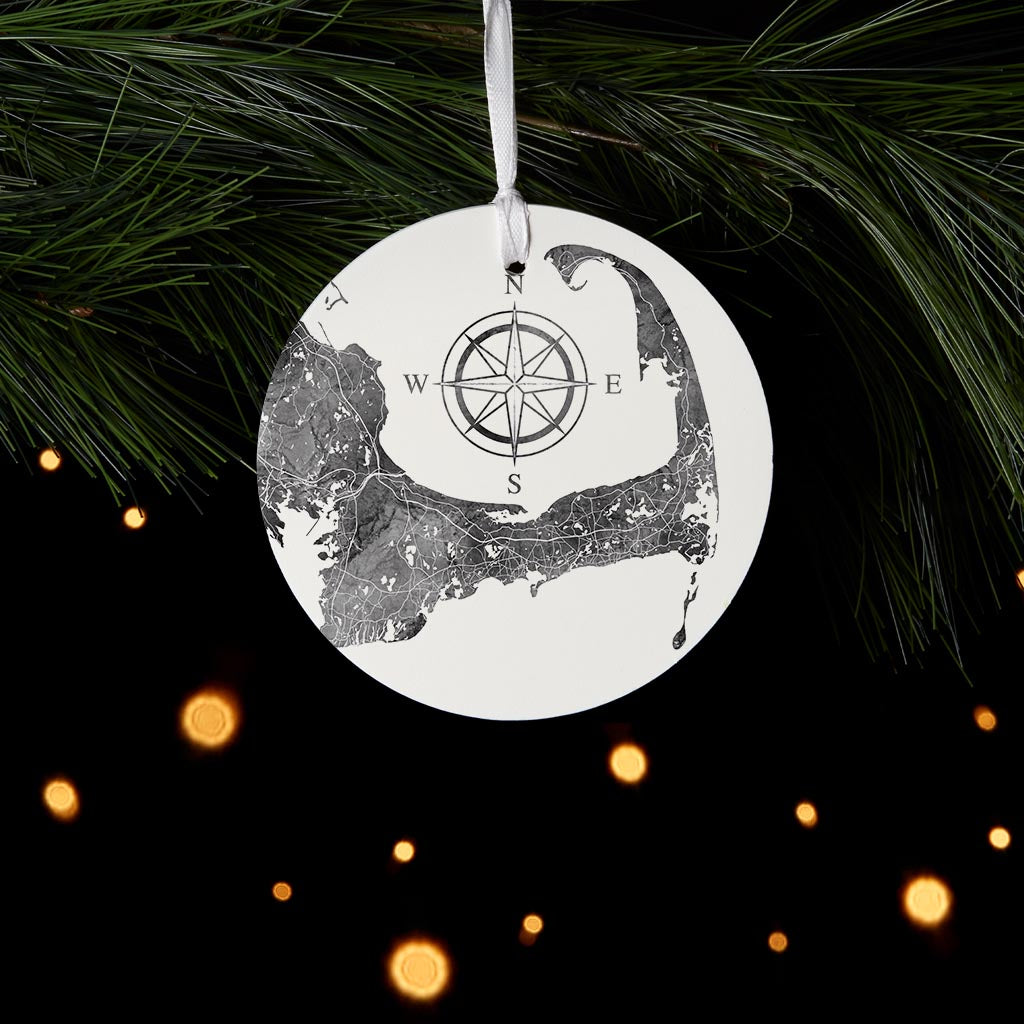 Minimalistic B&W Cape Cod Map With Compass | Wood Ornament | Eaches | Min 6