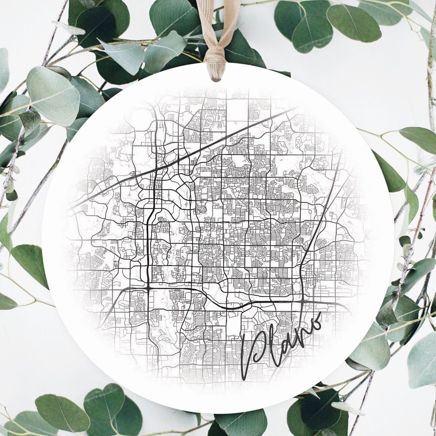 Minimalistic B&W Texas Plano Circle Map | Wood Ornament | Eaches | Min 1