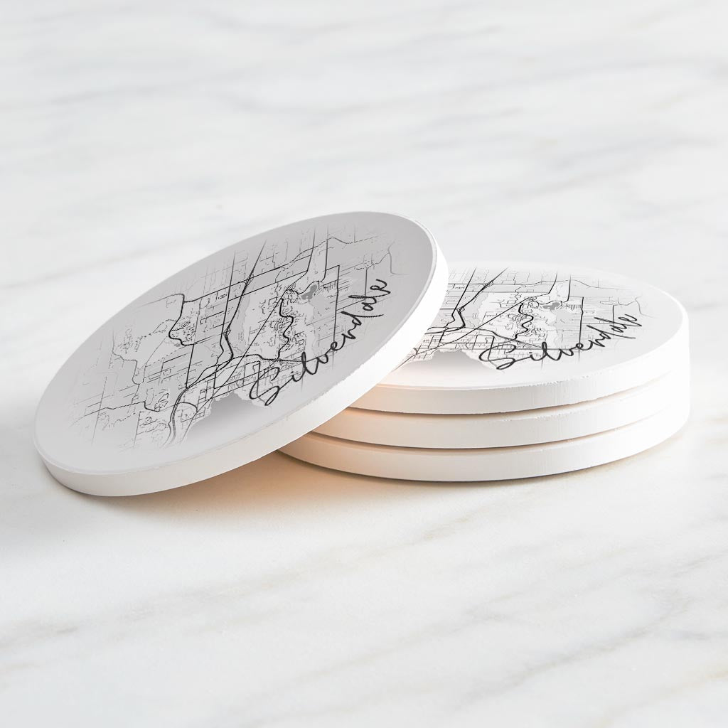 Minimalistic B&W Washington Silverdale Circle Map | Absorbent Coasters | Set of 4 | Min 2