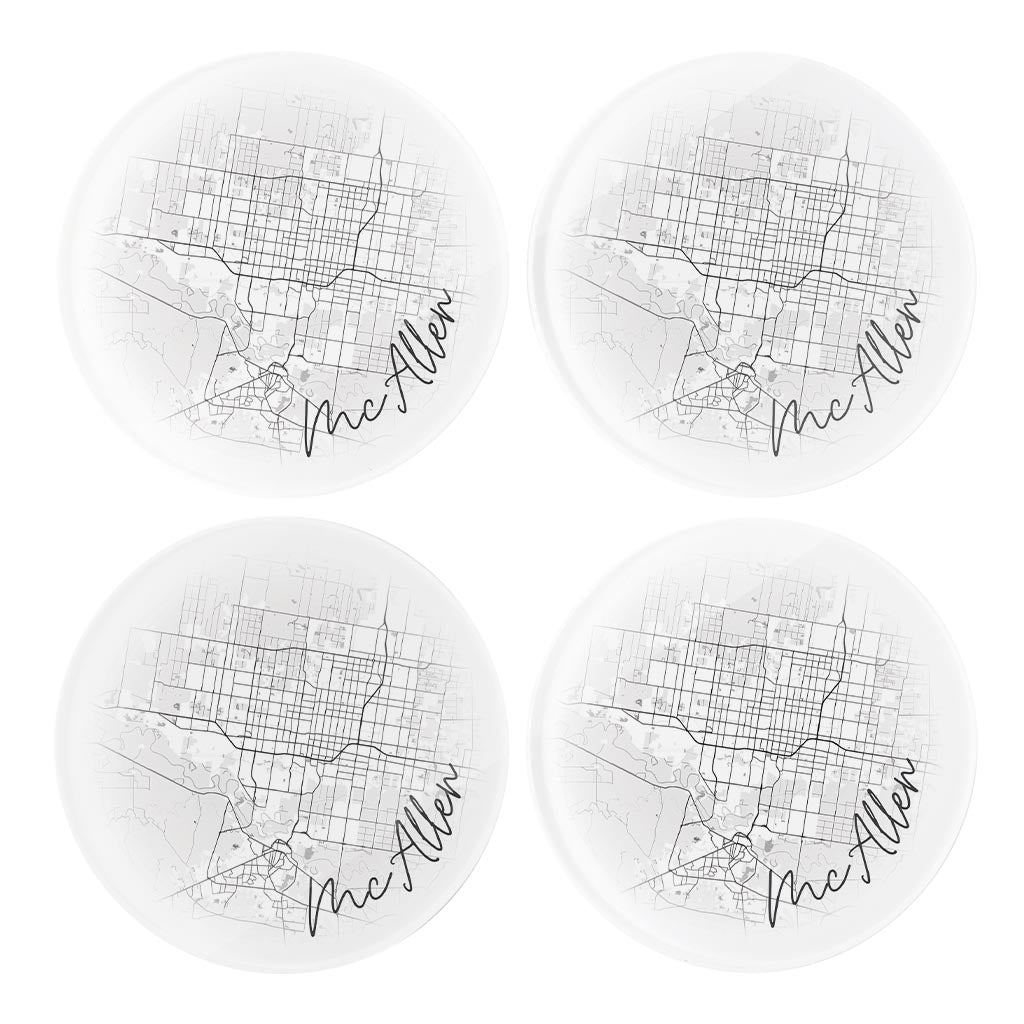 Minimalistic B&W Texas Mcallen Circle Map | Hi-Def Glass Coasters | Set of 4 | Min 2