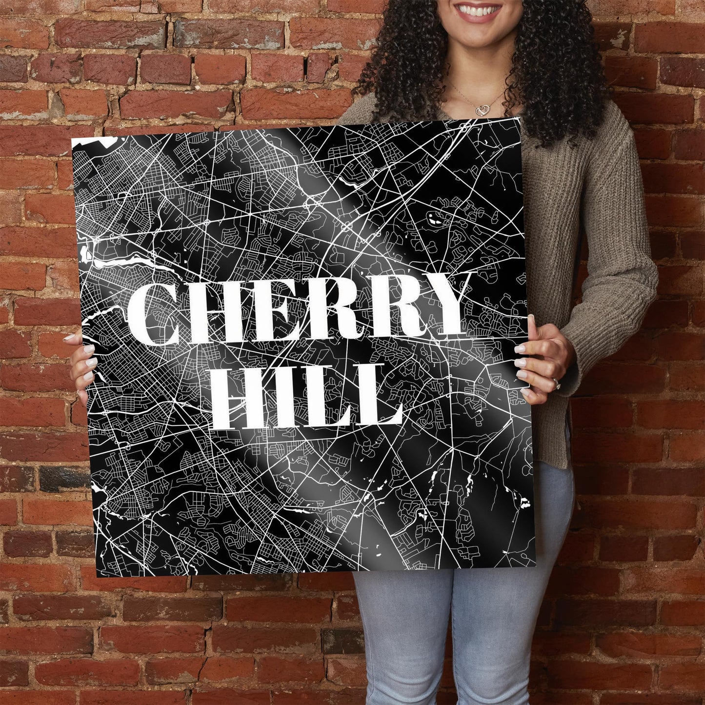 Minimalistic B&W New Jersey Cherry Hill Map | Hi-Def Glass Art | Eaches | Min 1