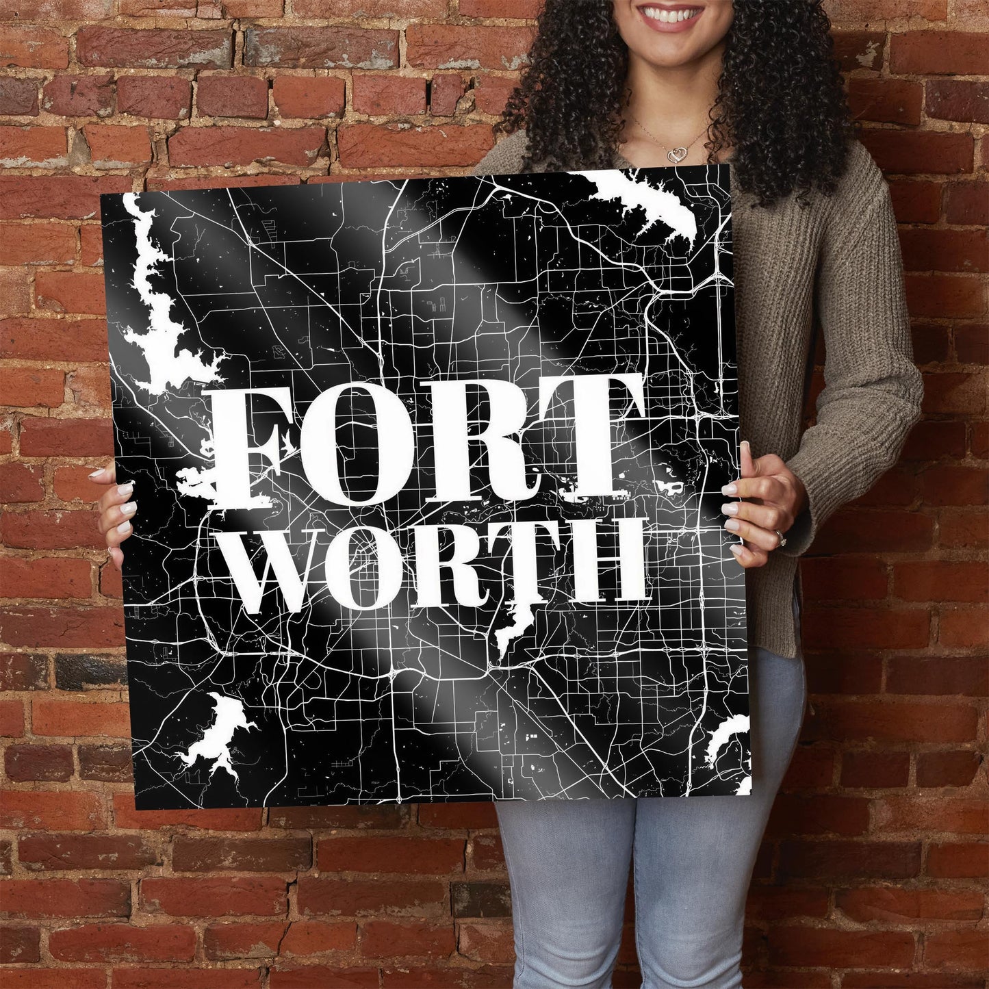 Minimalistic B&W Texas Fort Worth Map | Hi-Def Glass Art | Eaches | Min 1