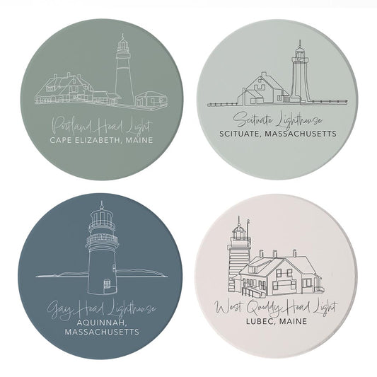 New England Lighthouses Muted Coastal | Absorbent Coasters | Set of 4 | Min 2