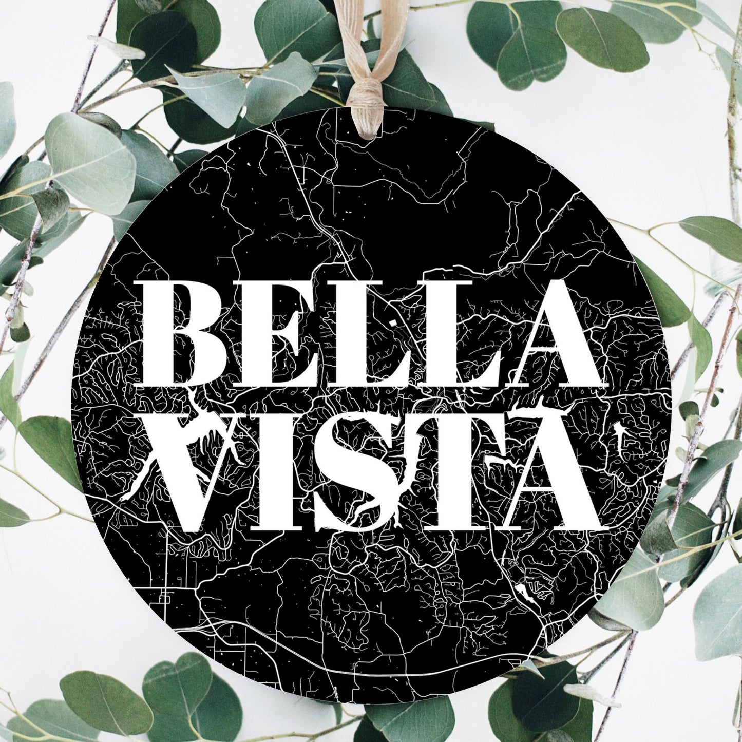 Minimalist B&W Arkansas Bella Vista Map | Wood Ornament | Eaches | Min 1