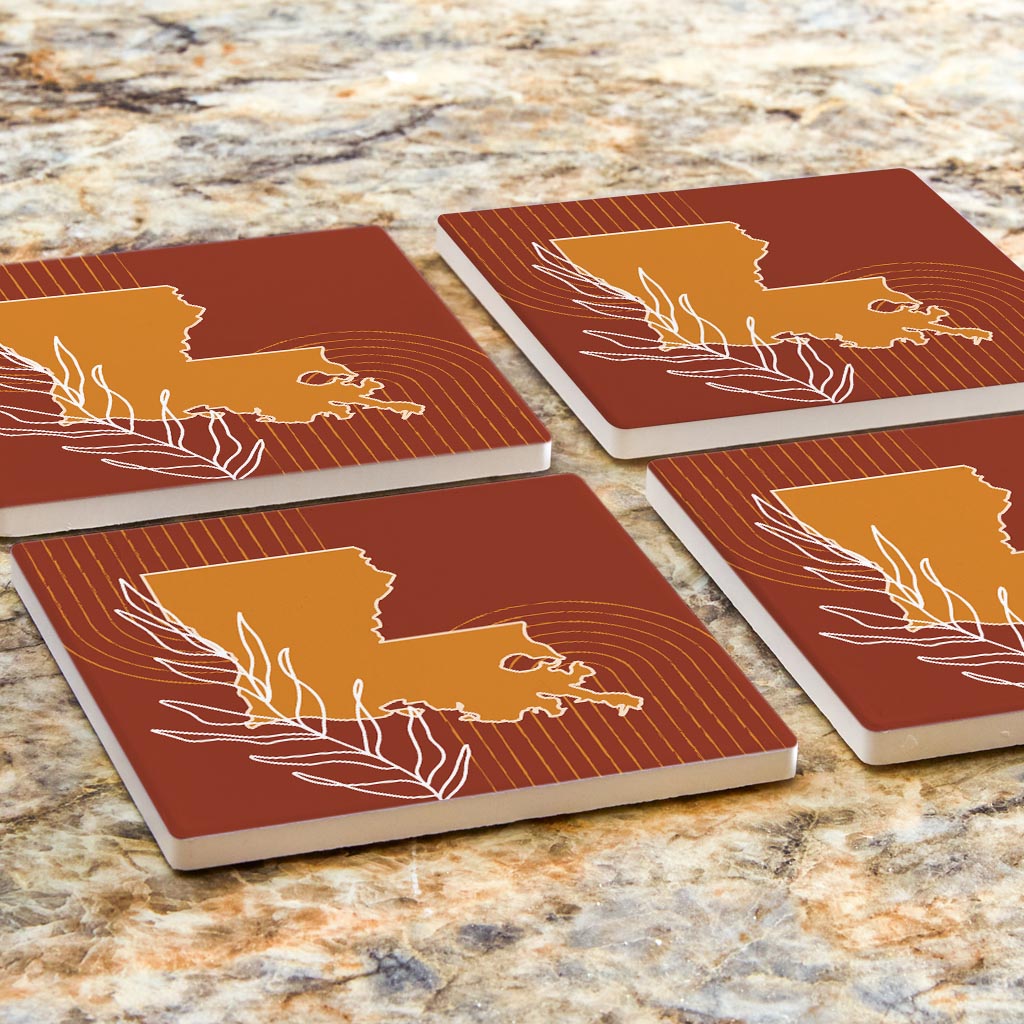 Modern Minimalist Louisiana State Shape With Leaf | Absorbent Coasters | Set of 4 | Min 2