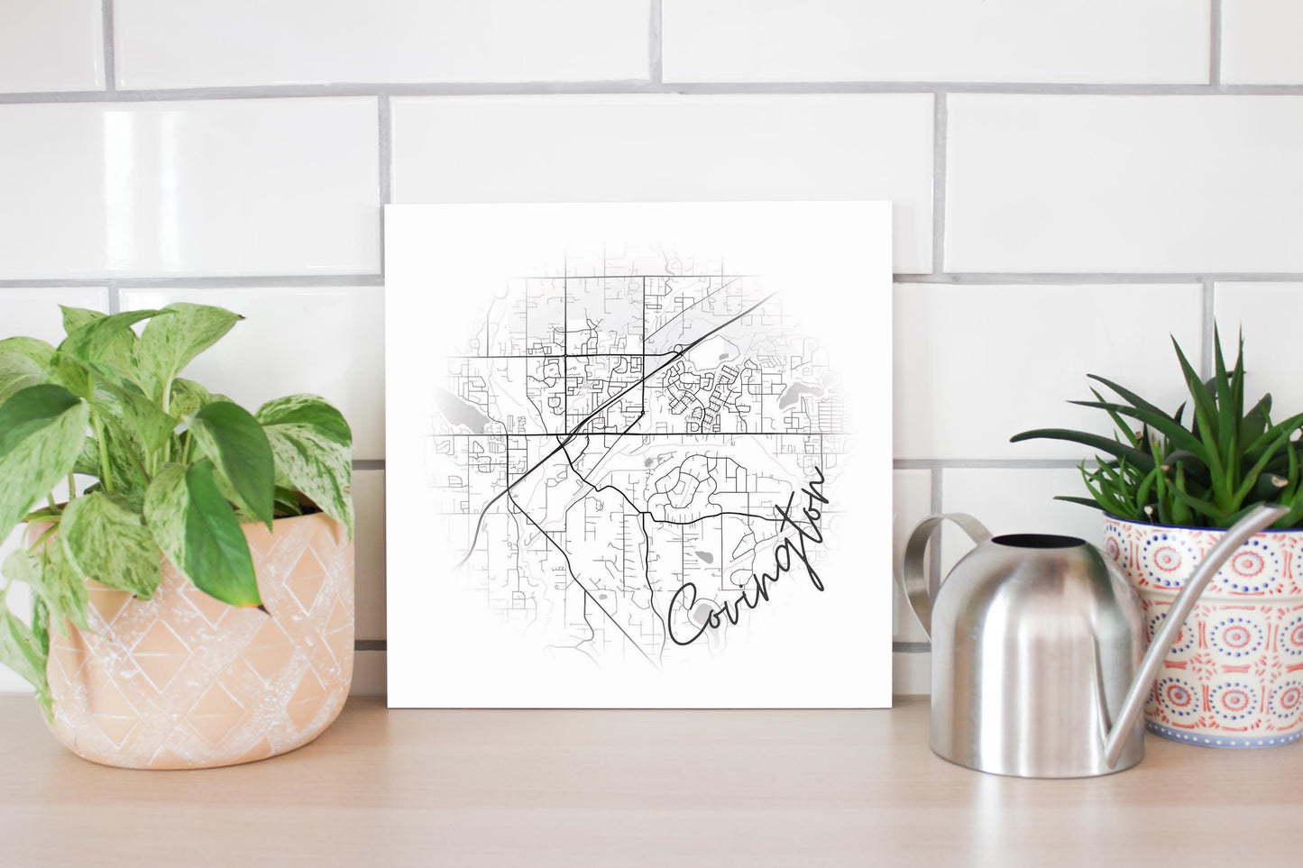 Minimalistic B&W Washington Covington Circle Map | Wood Sign | Eaches | Min 2