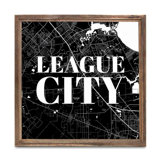 Minimalistic B&W Texas League City Map | Wood Sign | Eaches | Min 1