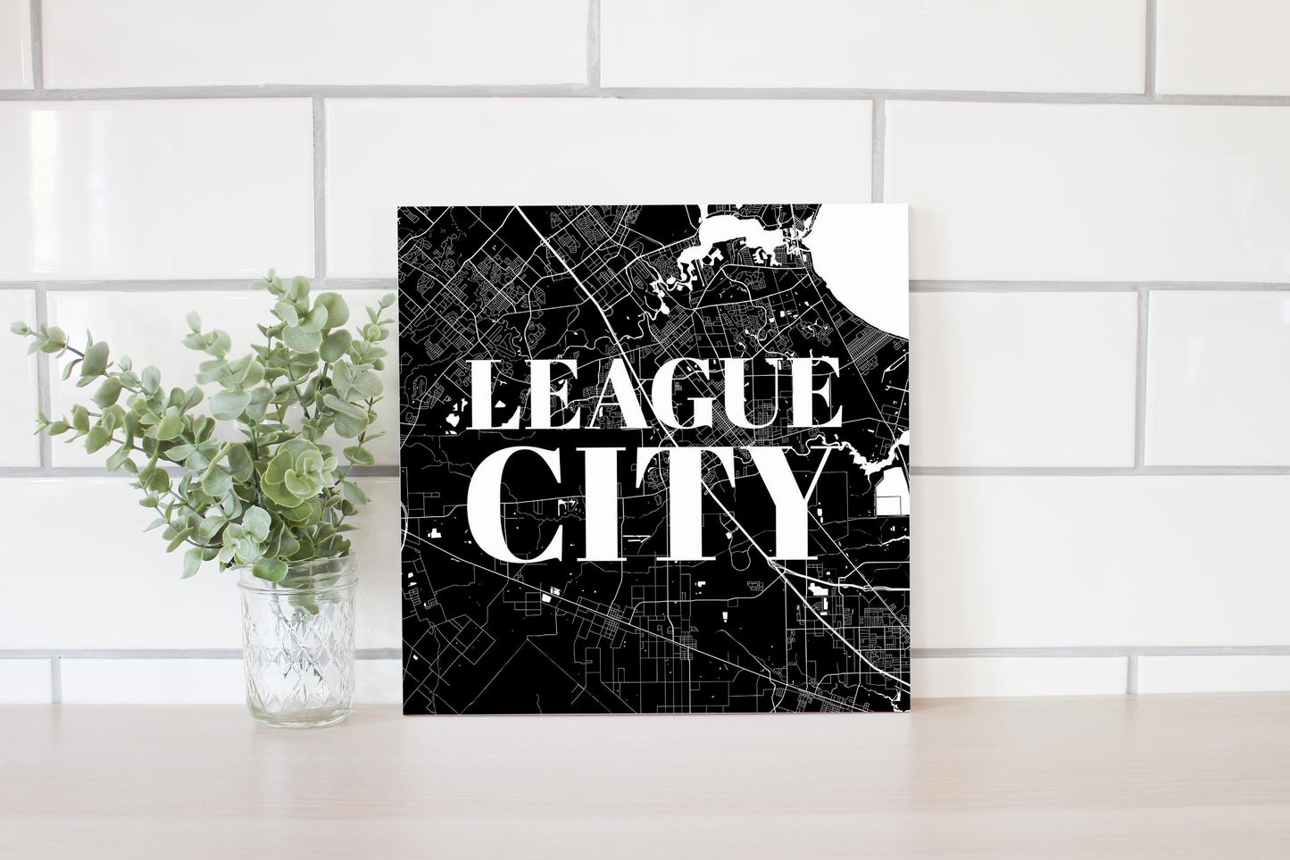 Minimalistic B&W Texas League City Map | Wood Sign | Eaches | Min 2