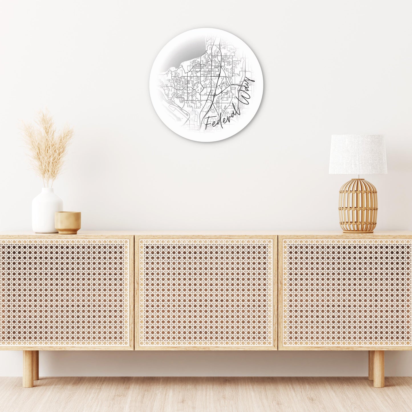 Minimalistic B&W Washington Federal Way Circle Map | Wood Sign | Eaches | Min 1