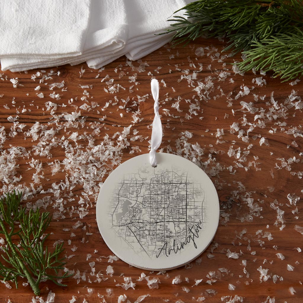 Minimalistic B&W Texas Arlington Circle Map | Wood Ornament | Eaches | Min 6